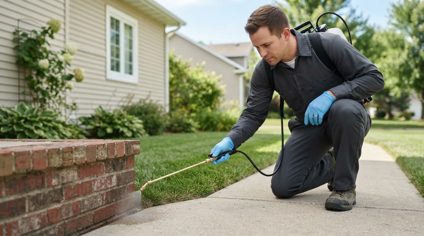 Pest control technician treating a home near Running Springs, CA